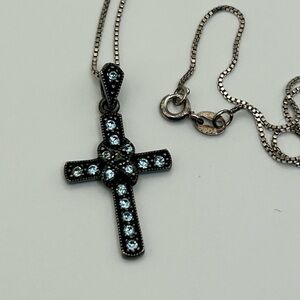 925 Silver Thai Cross Pendant Necklace Black with Blue Crystals Chain PGDA Italy
